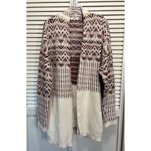 Gilded Intent Open Cardigan Aztec Burgundy/Cream Long Sleeve Size L Knit Pockets